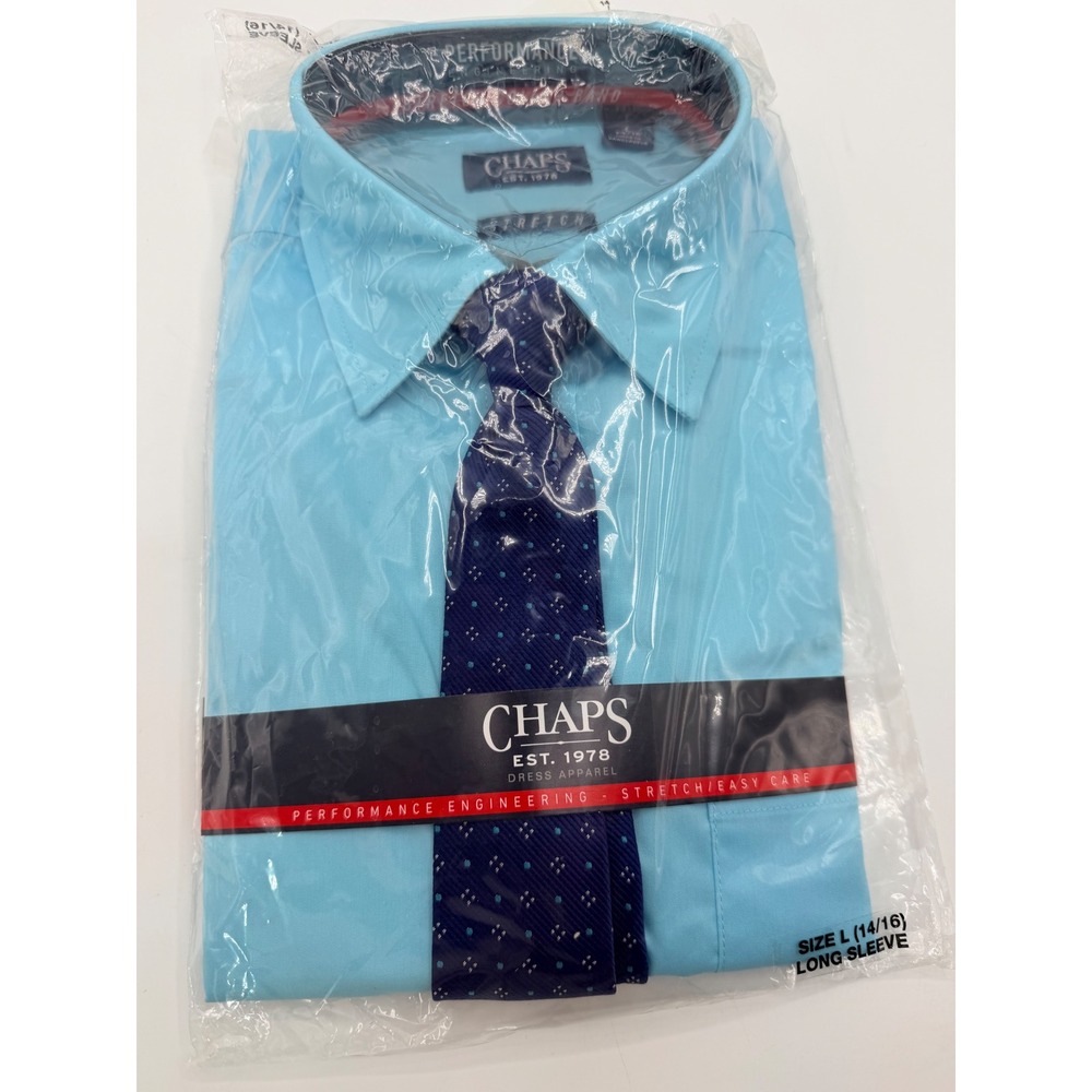 Chaps Dress Shirt and Tie Set Performance Stretch Kids L 14/16 Caicos Blue New